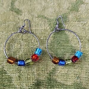 Vintage Colorful Glass Bead Hoop Earrings Rainbow Jewelry Blue Green Red Orange